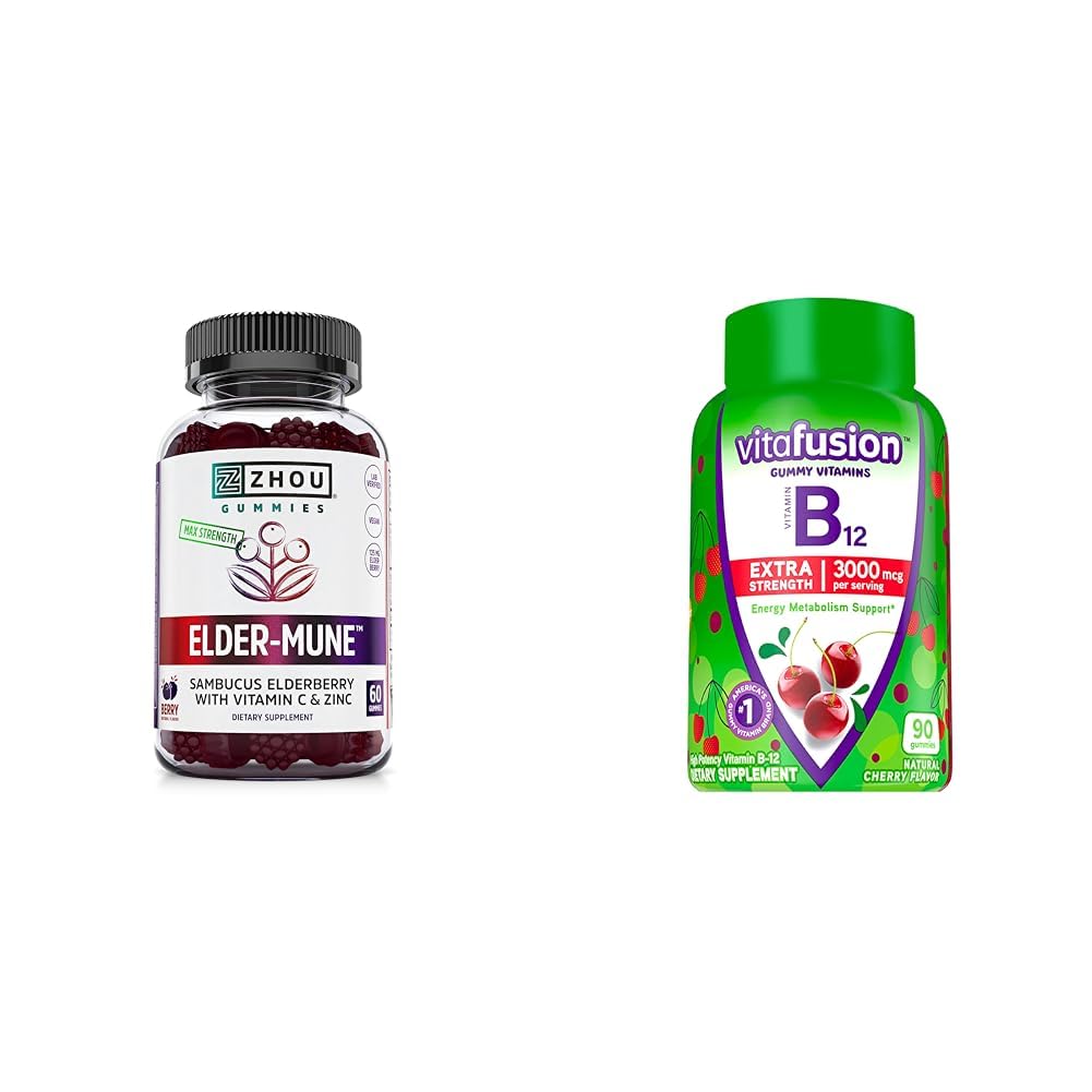 ZHOU Nutrition Elderberry Gummies Immune Support Bundle with Vitafusion Vitamin B12 Gummies Energy Metabolism Support, 60 and 90 Count